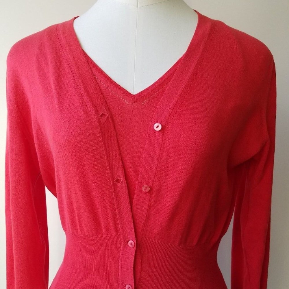 TSE Cardigan Twinset Red Crew V-Neck Neck Long Sleeve VTG Sweater SZ M